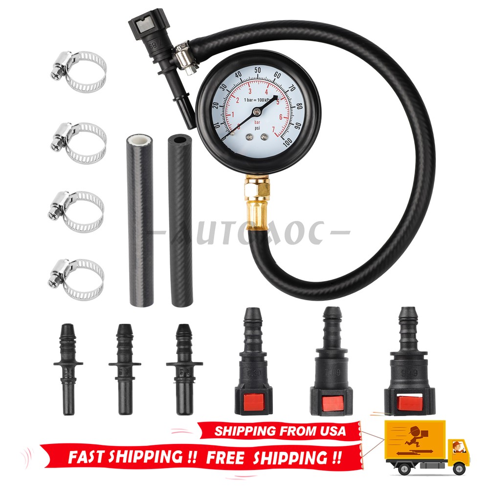 Fuel Injection Pressure Tester Gauge with 3 Quick Connectors Set for Cars 100PSI