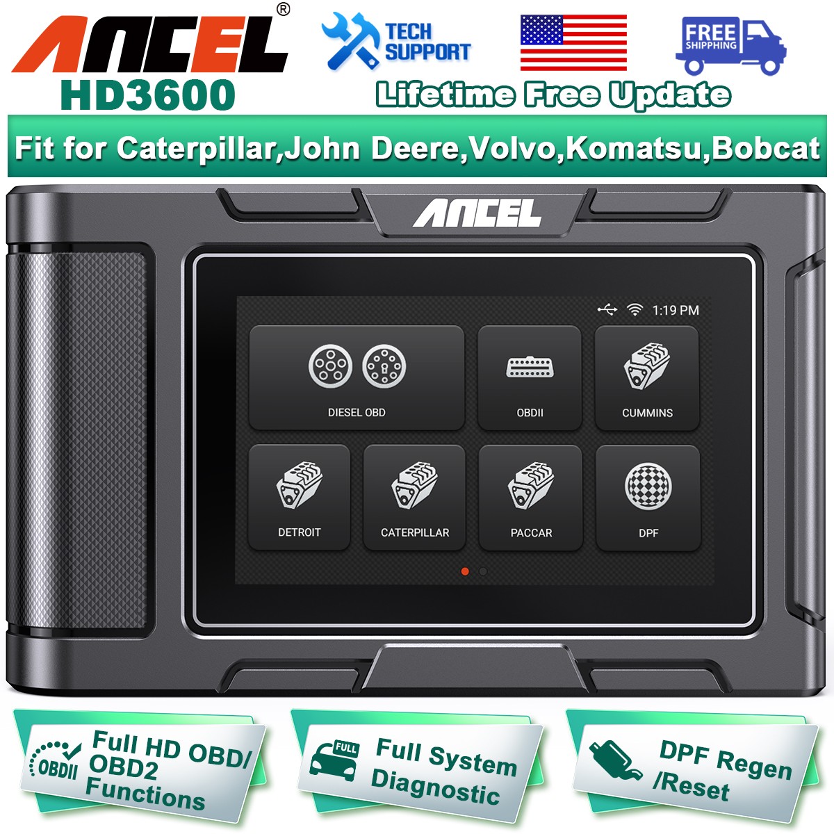 ANCEL HD3600 OBD2 Scanner Heavy Duty Truck OE-level Full System Diagnostic Tool