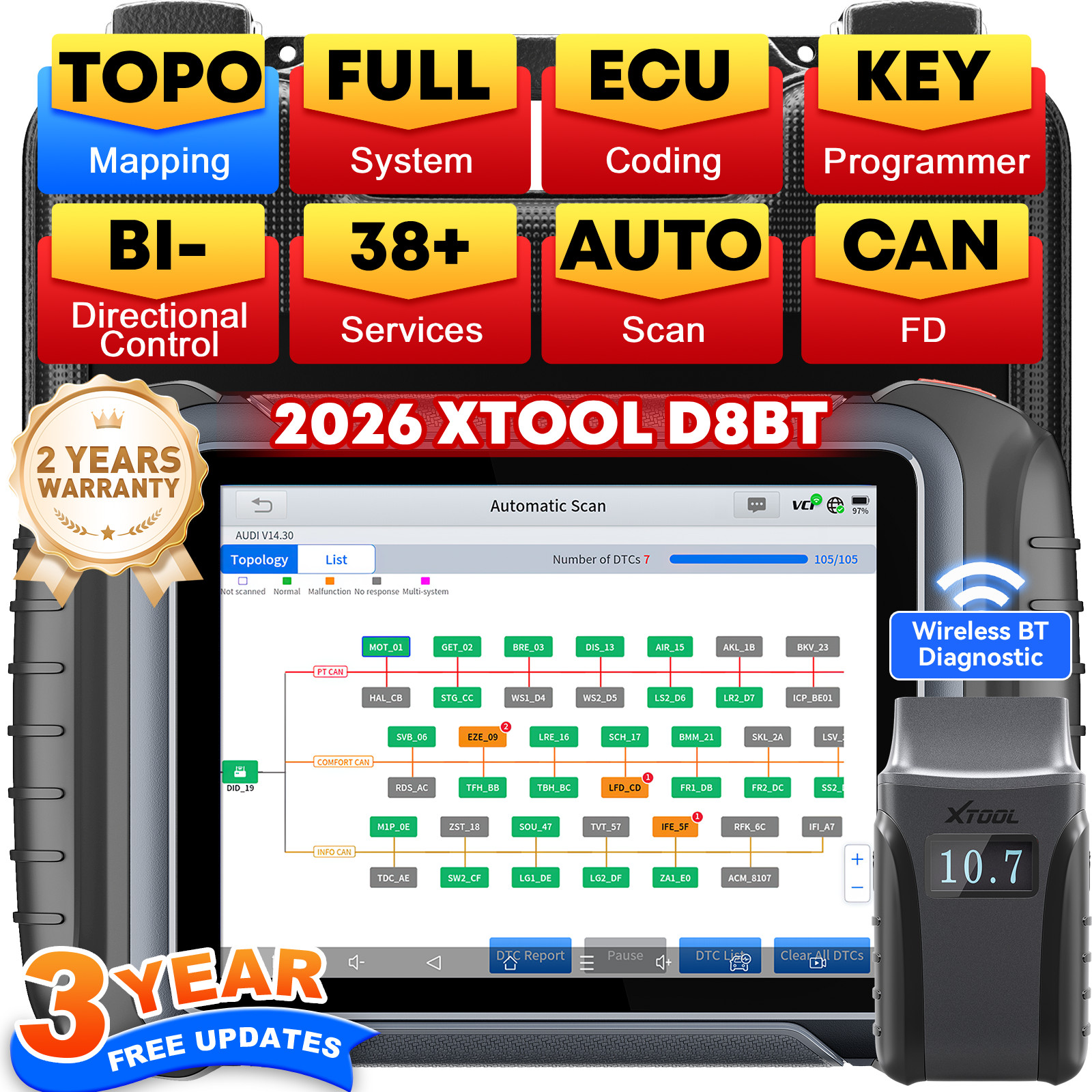 XTOOL D8BT Wireless Car Diagnostic Tool OBD2 Scanner Key Programmer Topo Mapping