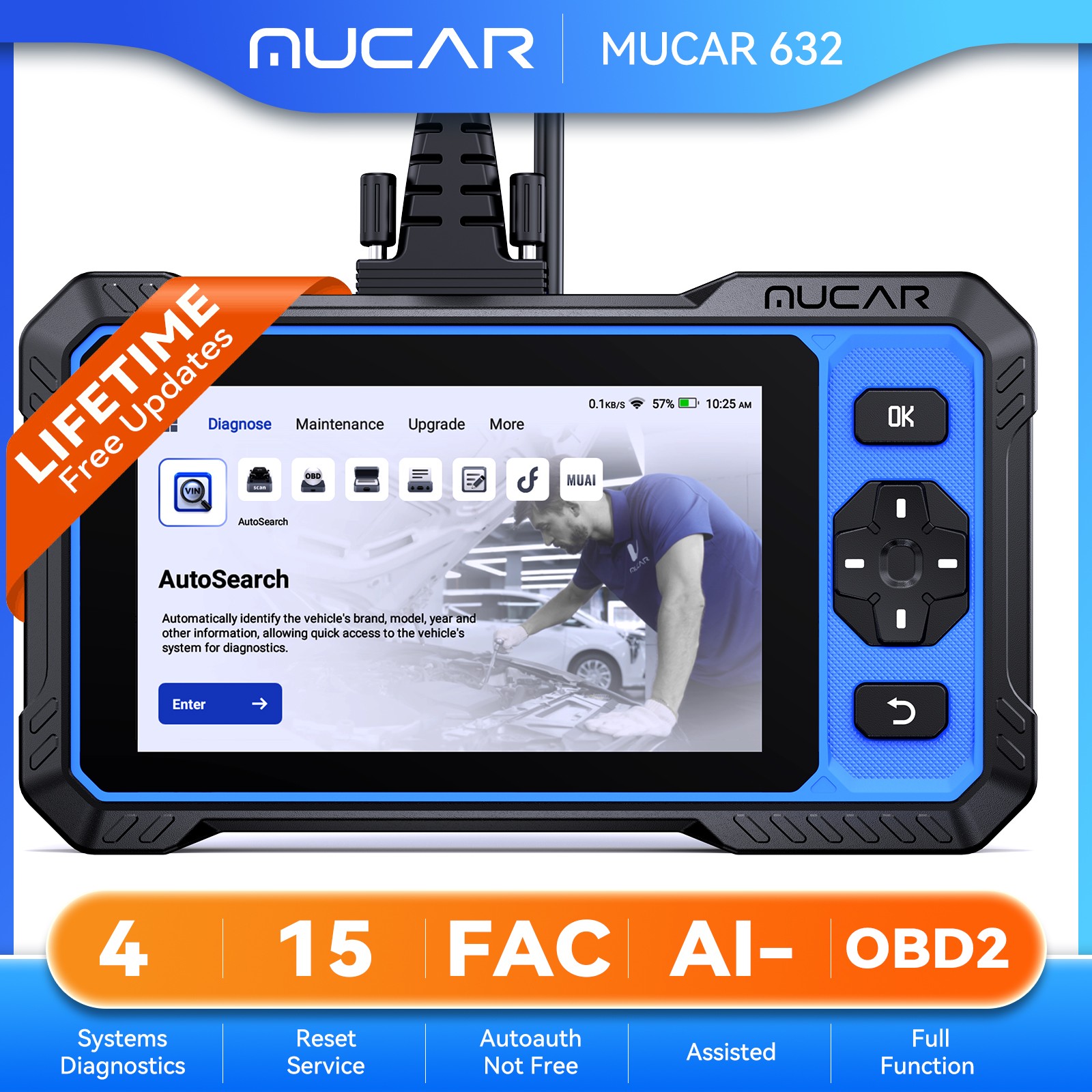 MUCAR 632 OBD2 Scanner Engine ABS SRS Code Reader Car Diagnostic Tool 15 Resets