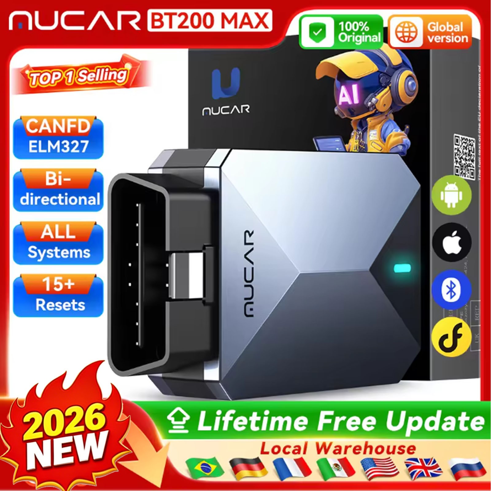 MUCAR BT200 MAX OBD2 OBD2 Scanner CAN FD Bi-Directional All System 15 Reset Free