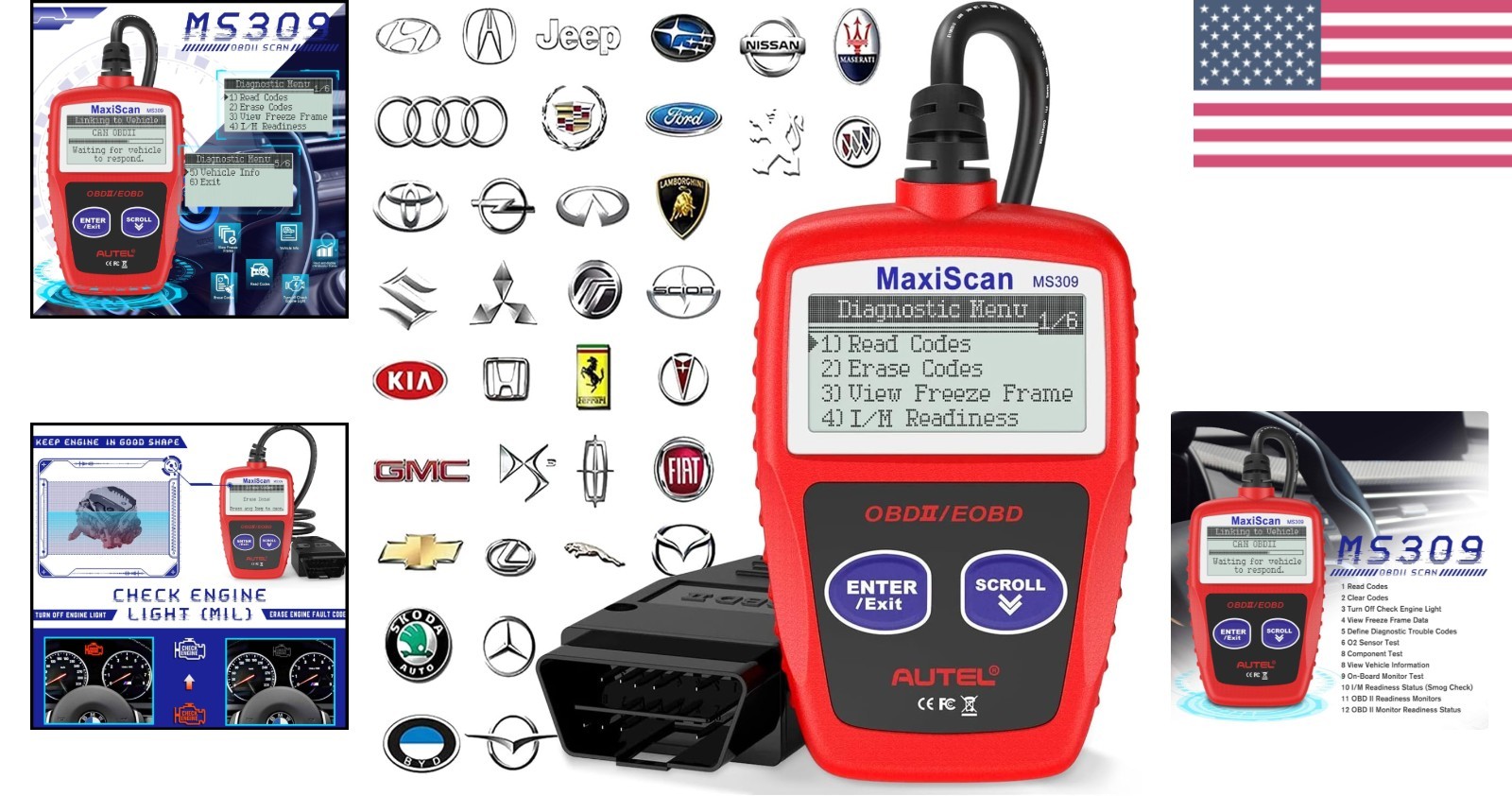 Compact MaxiScan MS309 OBDII Diagnostic Tool – Freeze Frame Data & Vehicle Info