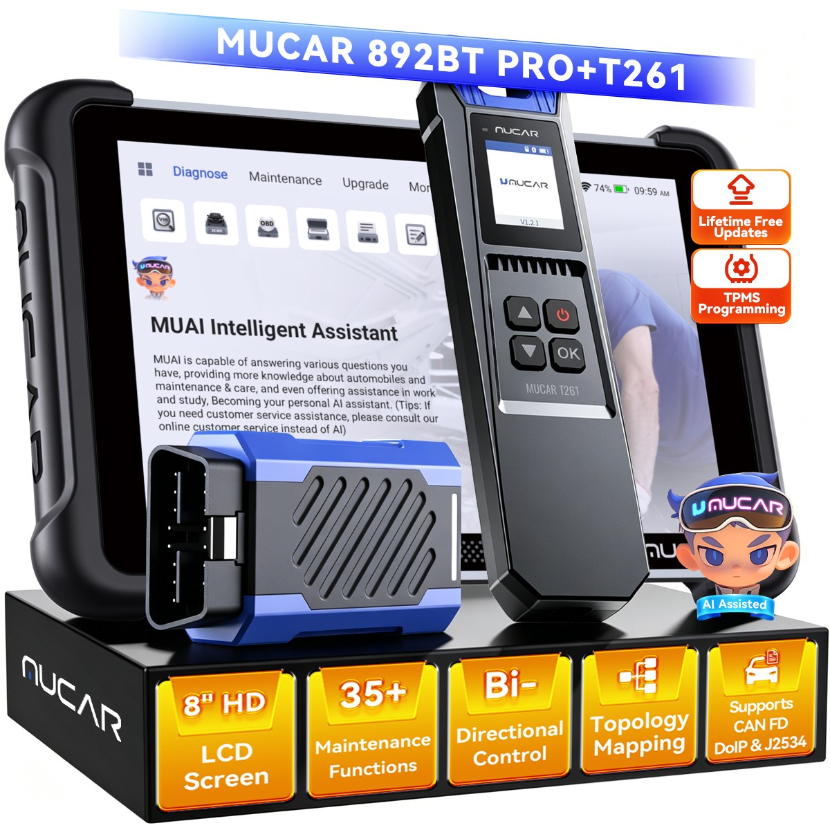 MUCAR 892BT PRO w/T261 AI Assisted Diagnostic & J2534 – Lifetime Updates Scanner