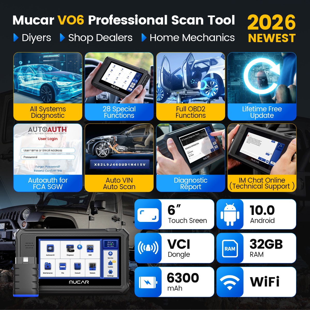 MUCAR VO6 Full Scan Diagnostic Scanner KEY Matching Brake-Pad Reset 28+Services