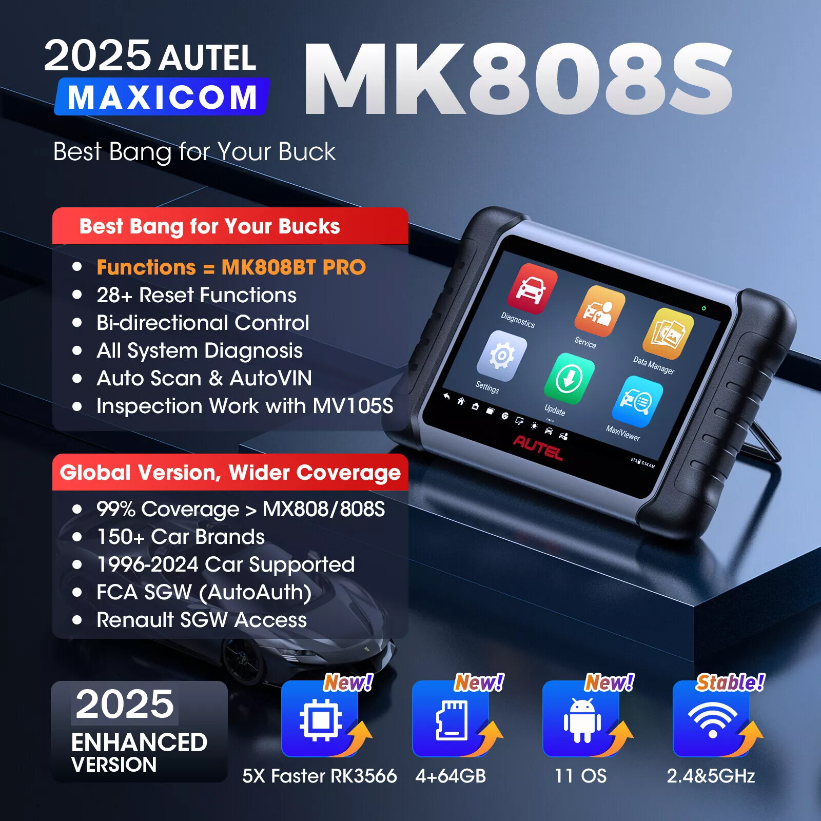 2025 Autel MaxiCOM MK808S Bidirectional Car Diagnostic Scanner Tool Key Coding