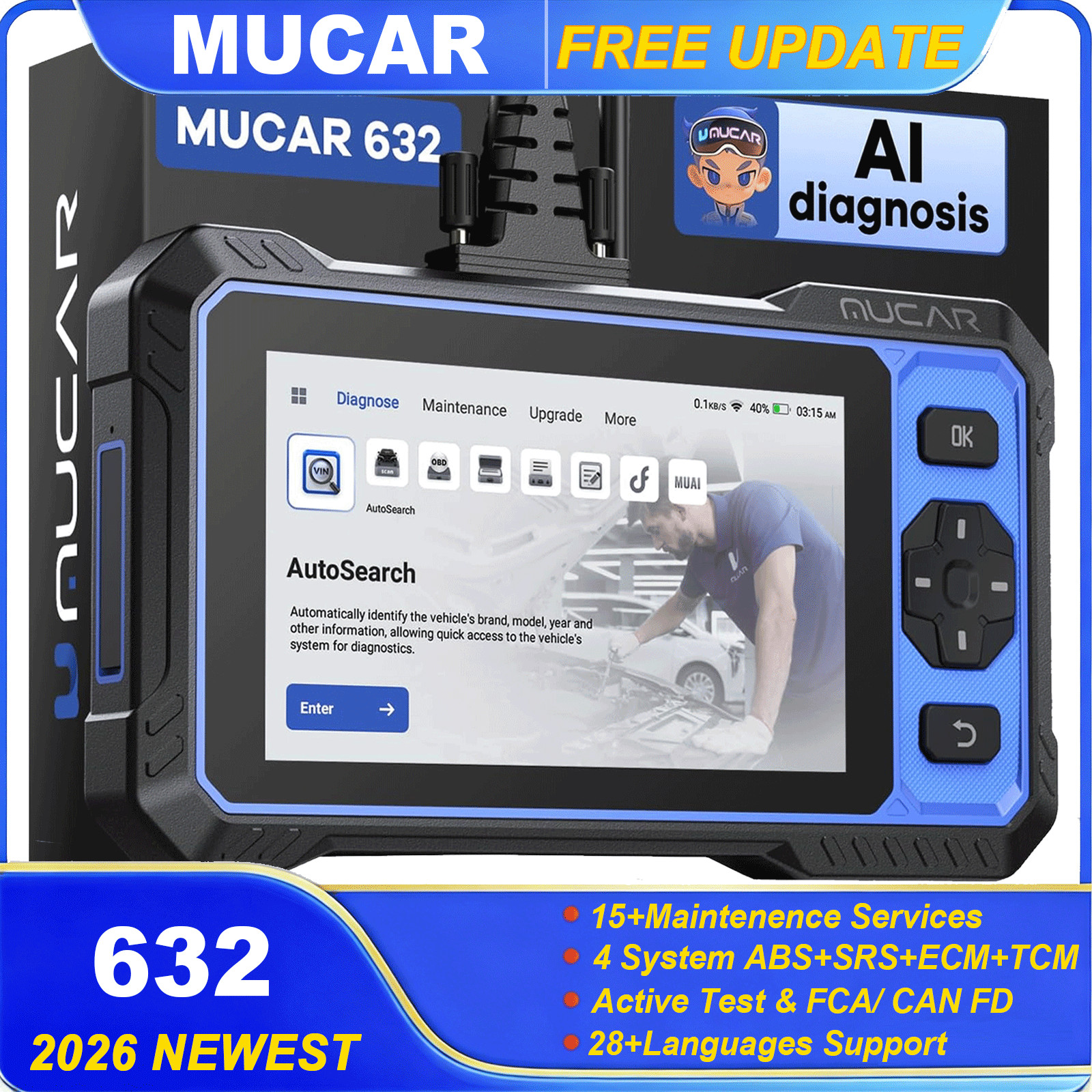 MUCAR 632 Active Test Scanner ECM/TCM/ABS/SRS 4 System Auto Diagnostic Scan Tool