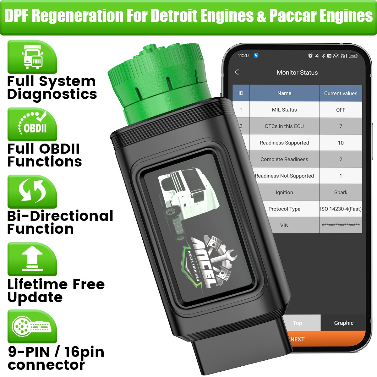 ANCEL HD110 Heavy Duty Truck Scanner DPF Regen for Paccar Detroit OBD Diagnostic