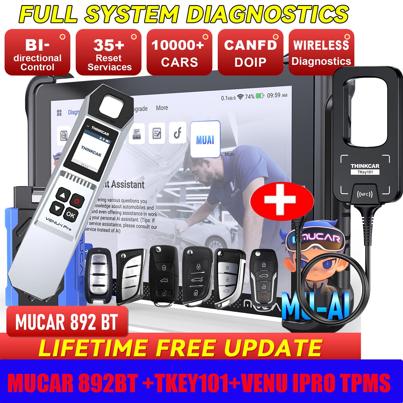 TKEY101 MUCAR 892BT TPMS Programming Auto AI Diagnostic Tool KEY Coding LifeFree