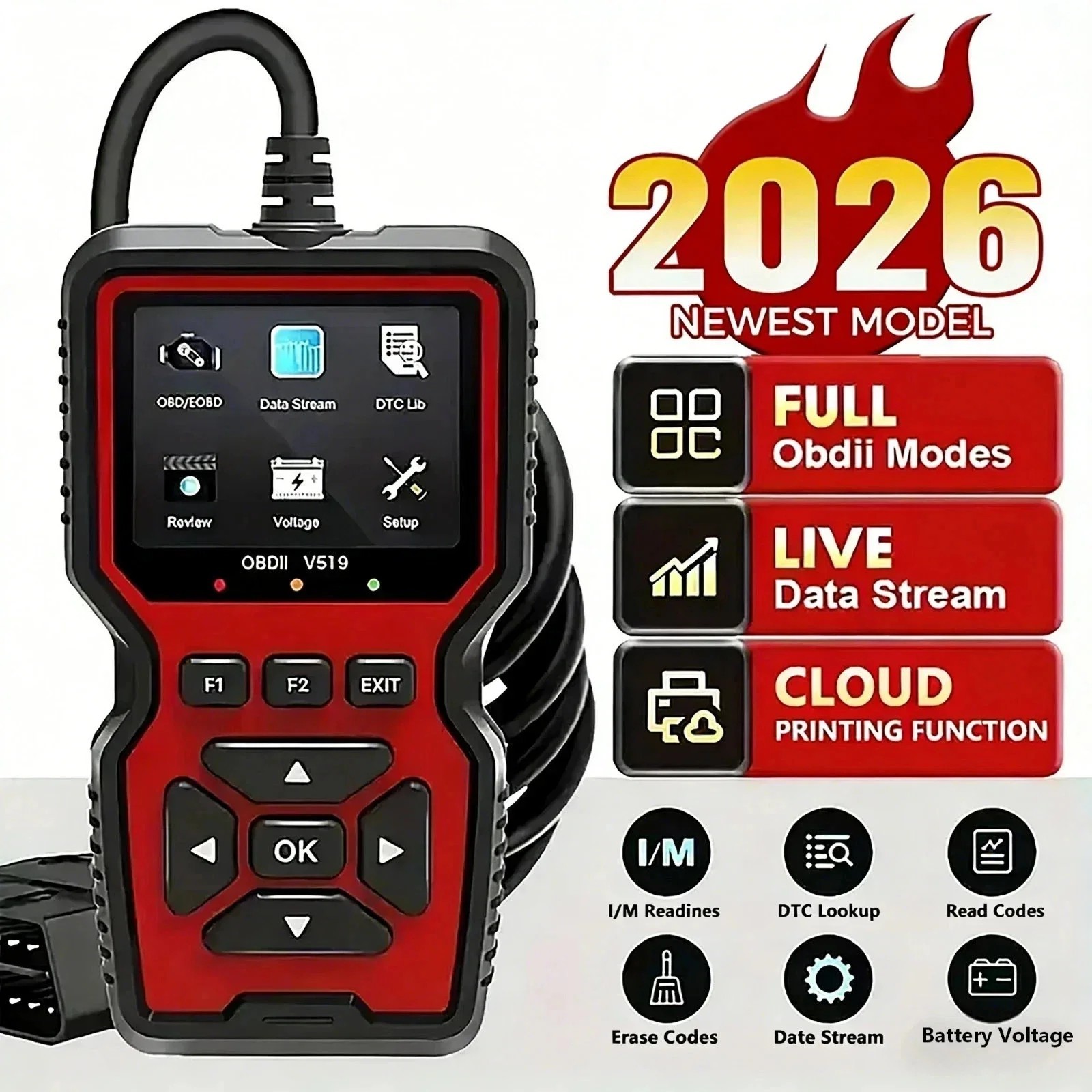 2026 V519 OBD2 Scanner Car Code Reader Check Engine Fault Diagnostic Tool OBDII