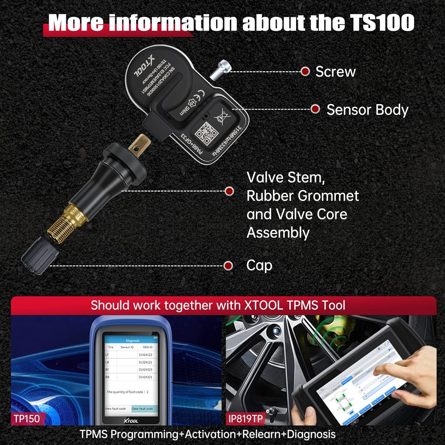4PCS XTOOL TS100 Tire Pressure Sensor 315&433MHz Programmable Universal Rubber