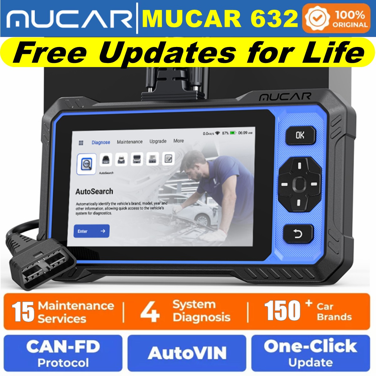 MUCAR 632 Auto OBD2 Scanner ECM/TCM/ABS/SRS Car 4 System AI Diagnostic 15+Resets
