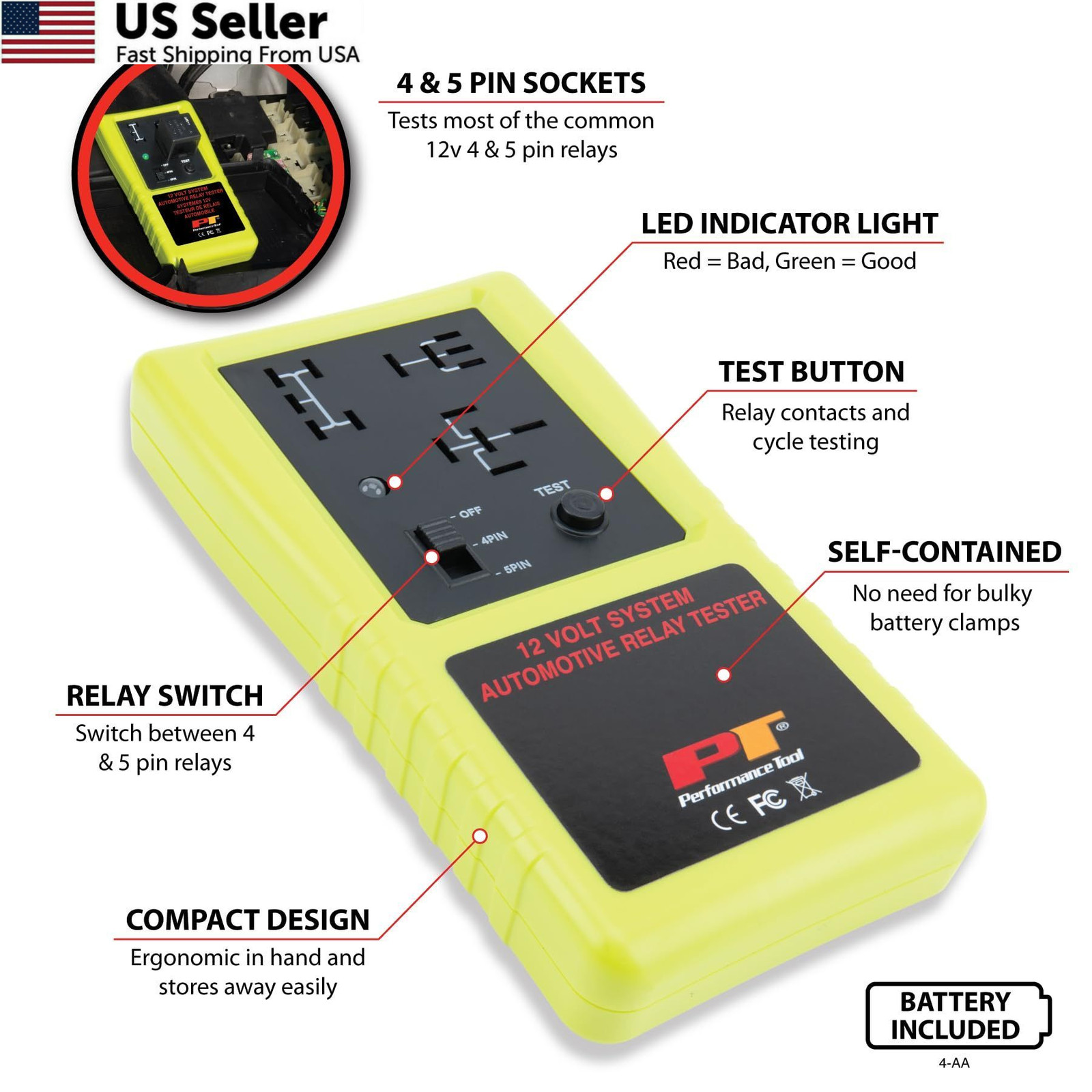Performance Tool 3009 Compact Cordless Automotive Relay Standard, Green,Red