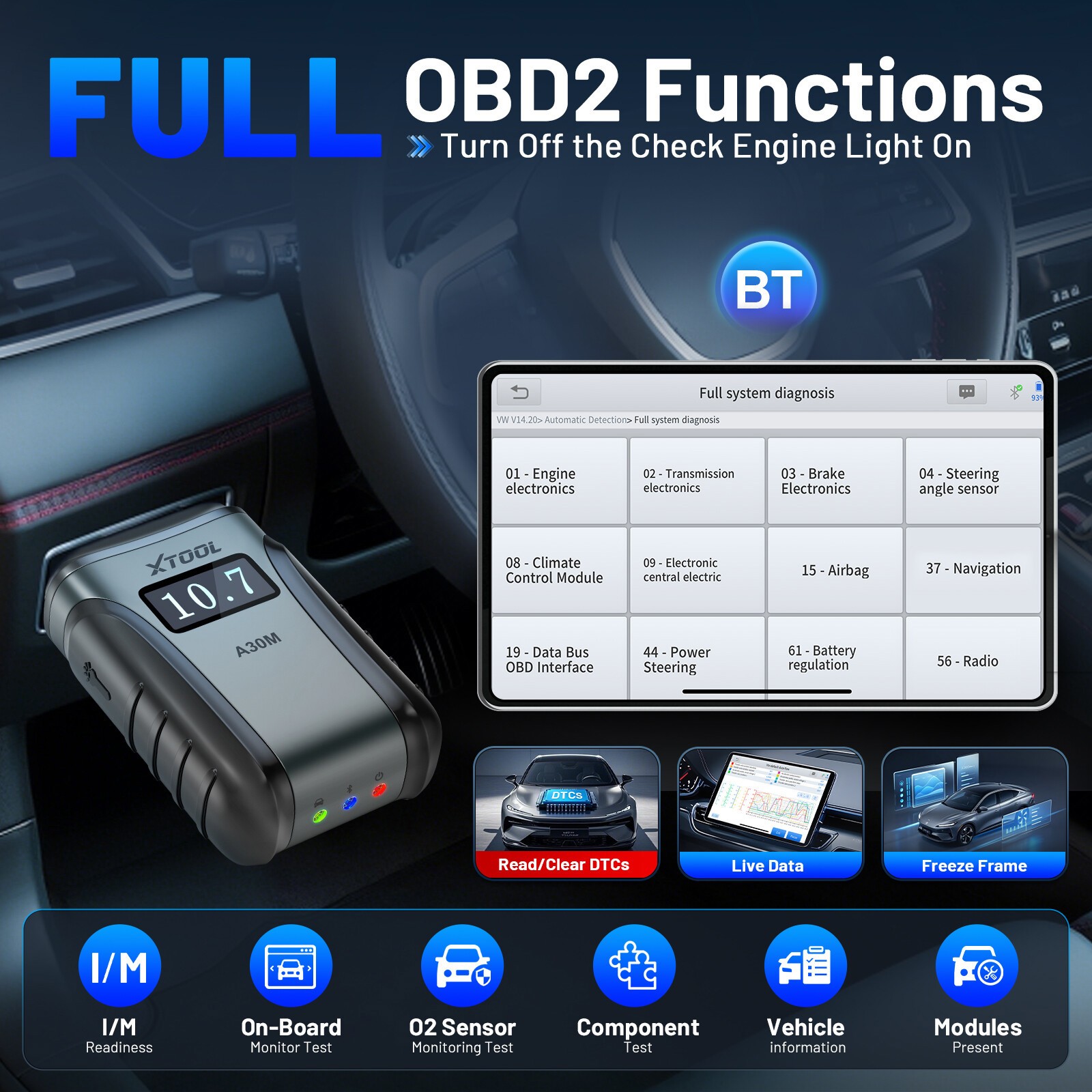 XTOOL A30M BiDirectional Scanner OBD2 Diagnostic Tool All System Car Code Reader