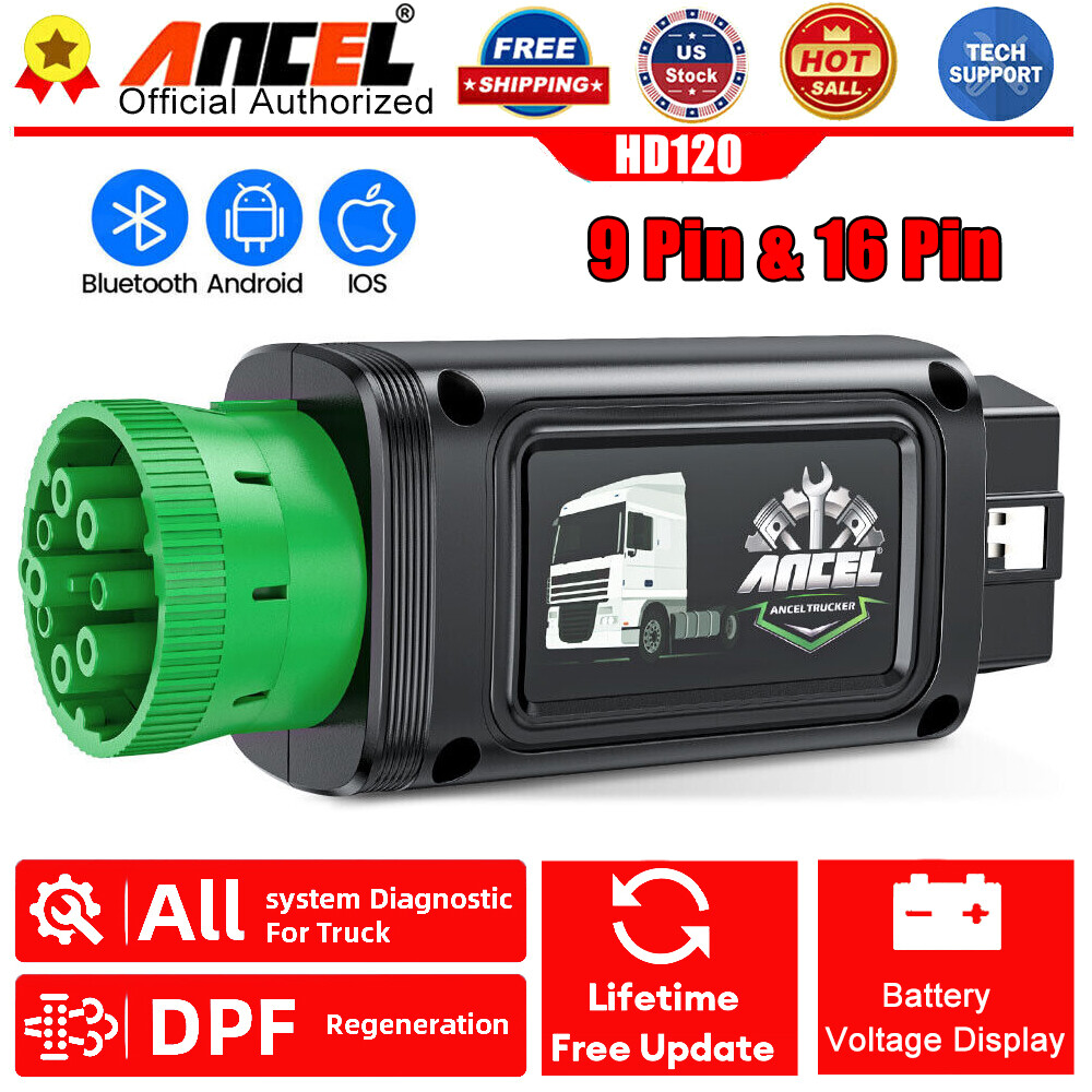 ANCEL HD120 Bluetooth Heavy Duty Truck Scanner 9/16 Pin DPF Forced Regen Tool