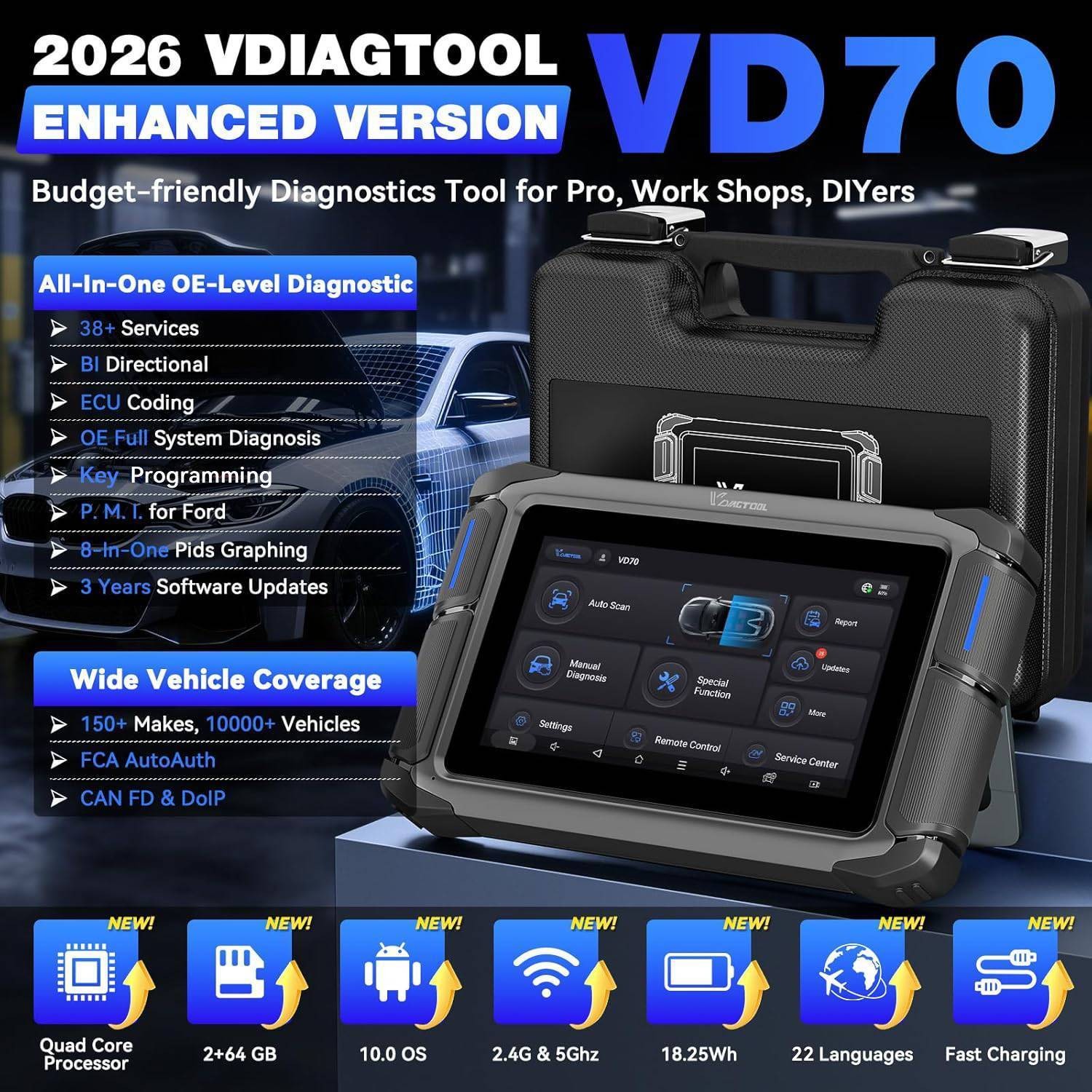 VDIAGTOOL VD70 OBD2 Car Diagnostic Scanner Bidirectional Scan Tool ECU Coding
