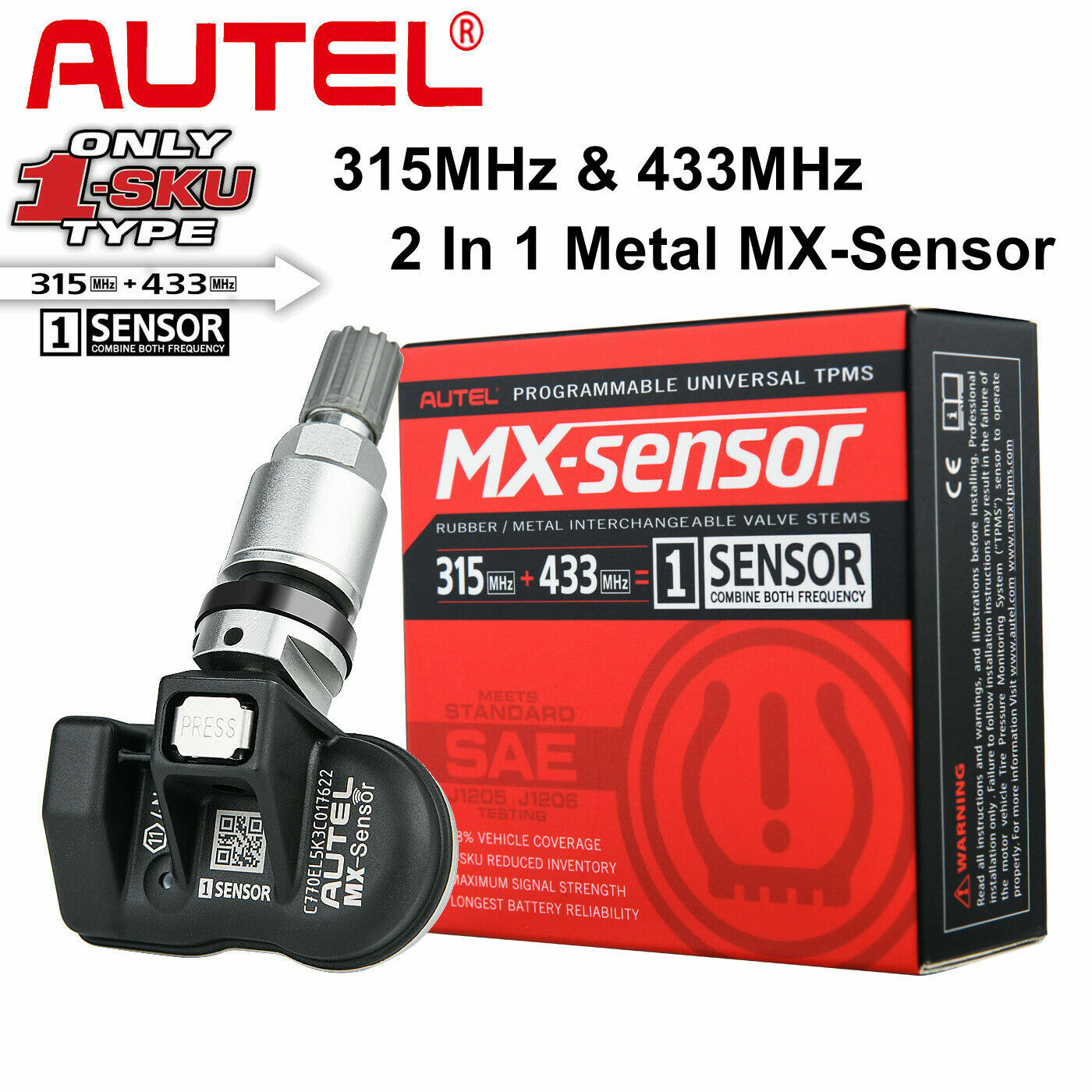 Autel TPMS MX-Sensor 315MHz & 433MHz 2 in 1 Auto Tire Pressure Sensor Metal Stem