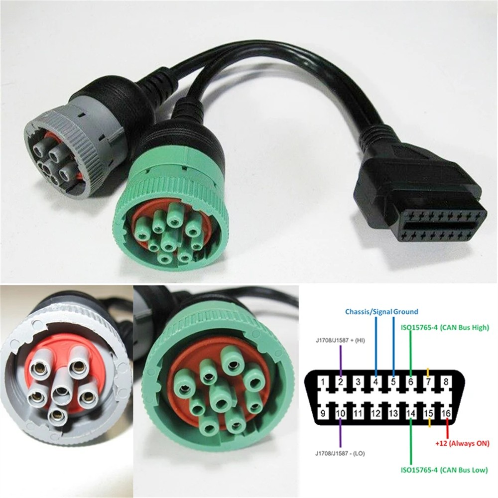 6 Pin J1708 or 9 Pin J1939 to 16 Pin OBD2 OBDII Adapter Cable Truck Accessories