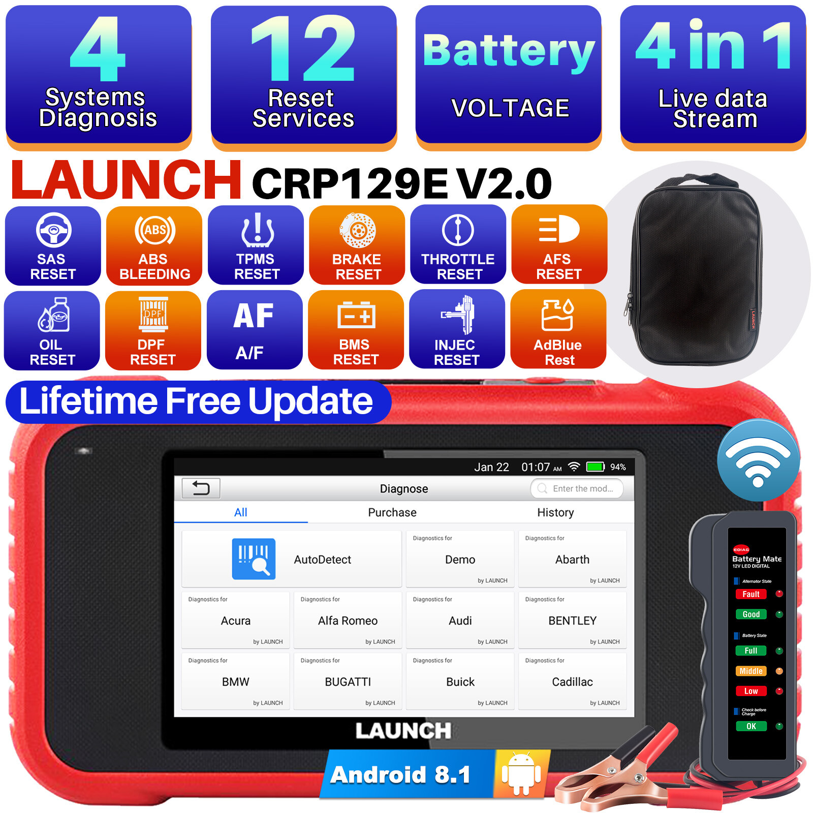 LAUNCH CRP129E V2.0 OBD2 Scanner Engine ABS SRS Code Reader Car Diagnostic Tool