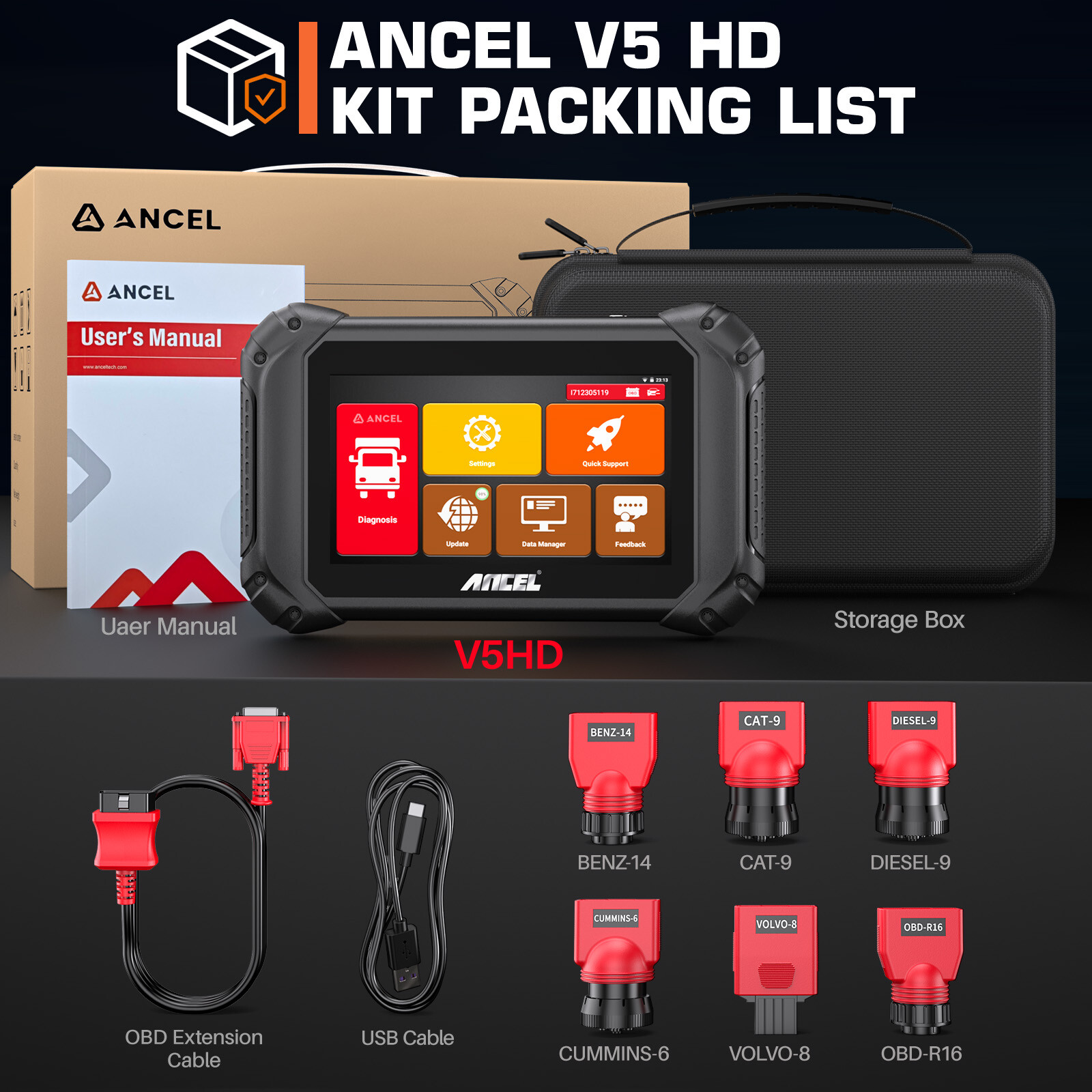 ANCEL V5 HD Heavy Duty Truck Diagnostic Tool Bidirectional 40+ Special Functions