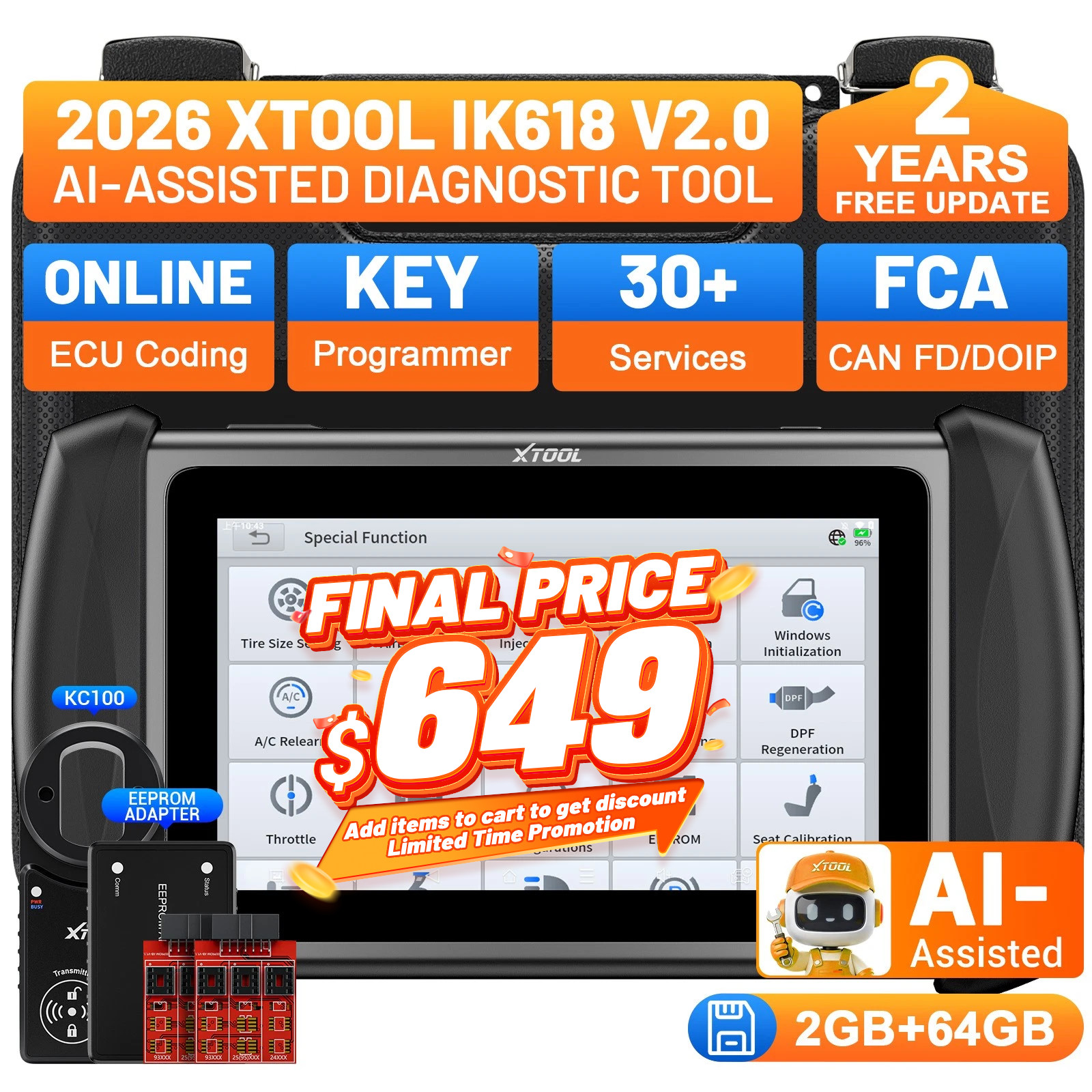🏅XTOOL IK618 V2.0 KC100 Key Programmer Bidirectional OBD2 Scanner 30+ Resets
