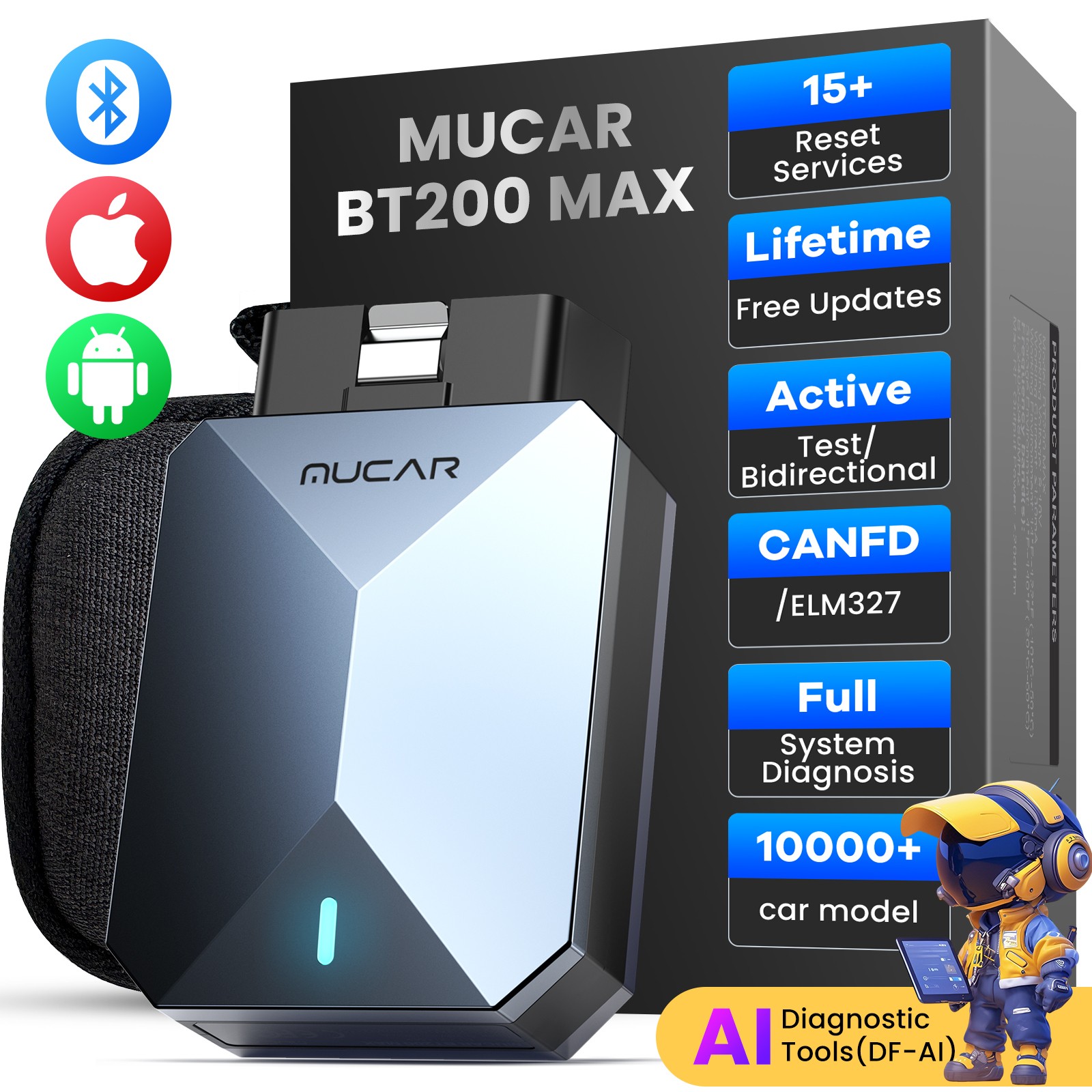 MUCAR BT200 MAX Car OBD2 Scanner All System AI Diagnostic Scan Tool Bluetooth
