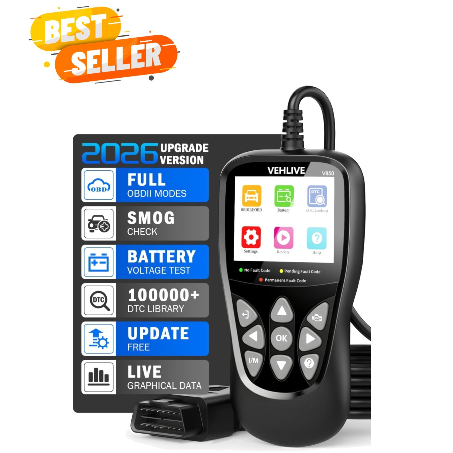 V850 Car Code Reader: Fast Check Engine Diagnosis & I/M Readiness, 2.8” Display