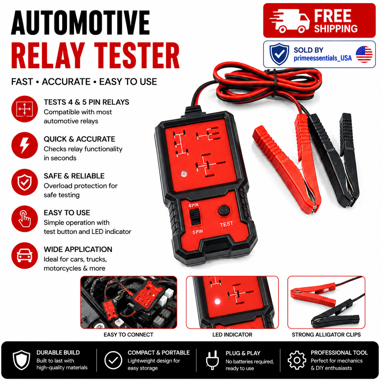 Automotive Relay Tester 4 Pin 5 Pin Car Relay Tester Diagnostic Tool 12V US