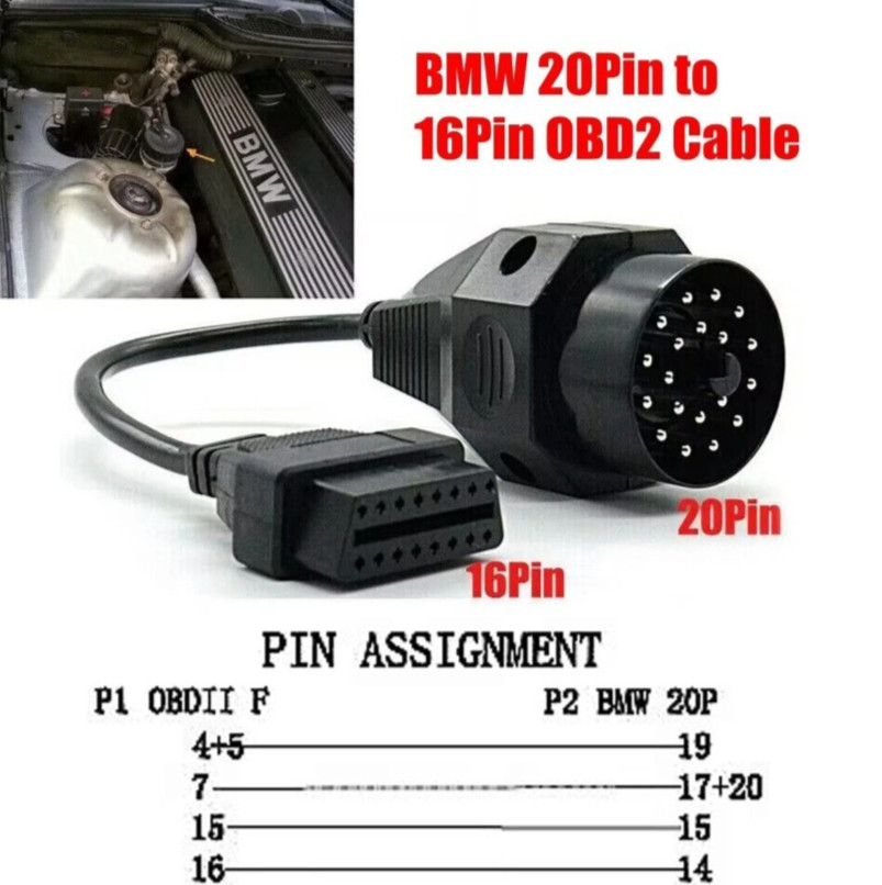 20 Pin To 16Pin OBD2 Female Auto Diagnostic Connector Adapter Cable For BMW