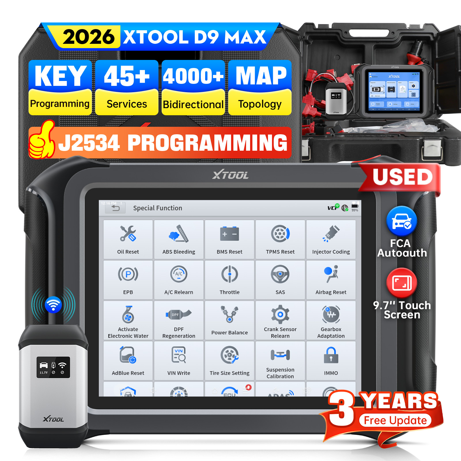 USED XTOOL D9MAX Bidirectional Diagnostic Scan J2534 ECU Programming Key Program