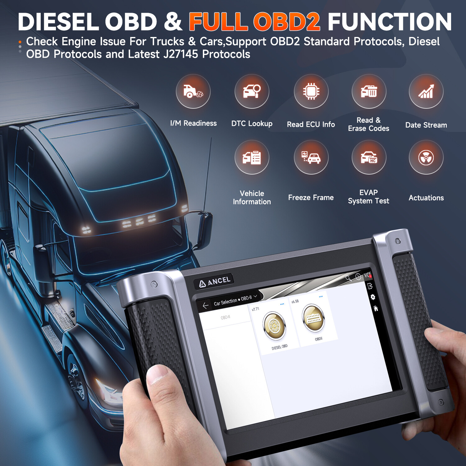 ANCEL HD8000 24V Diesel Heavy Duty Truck &Car OBD Code Reader Diagnostic Scanner