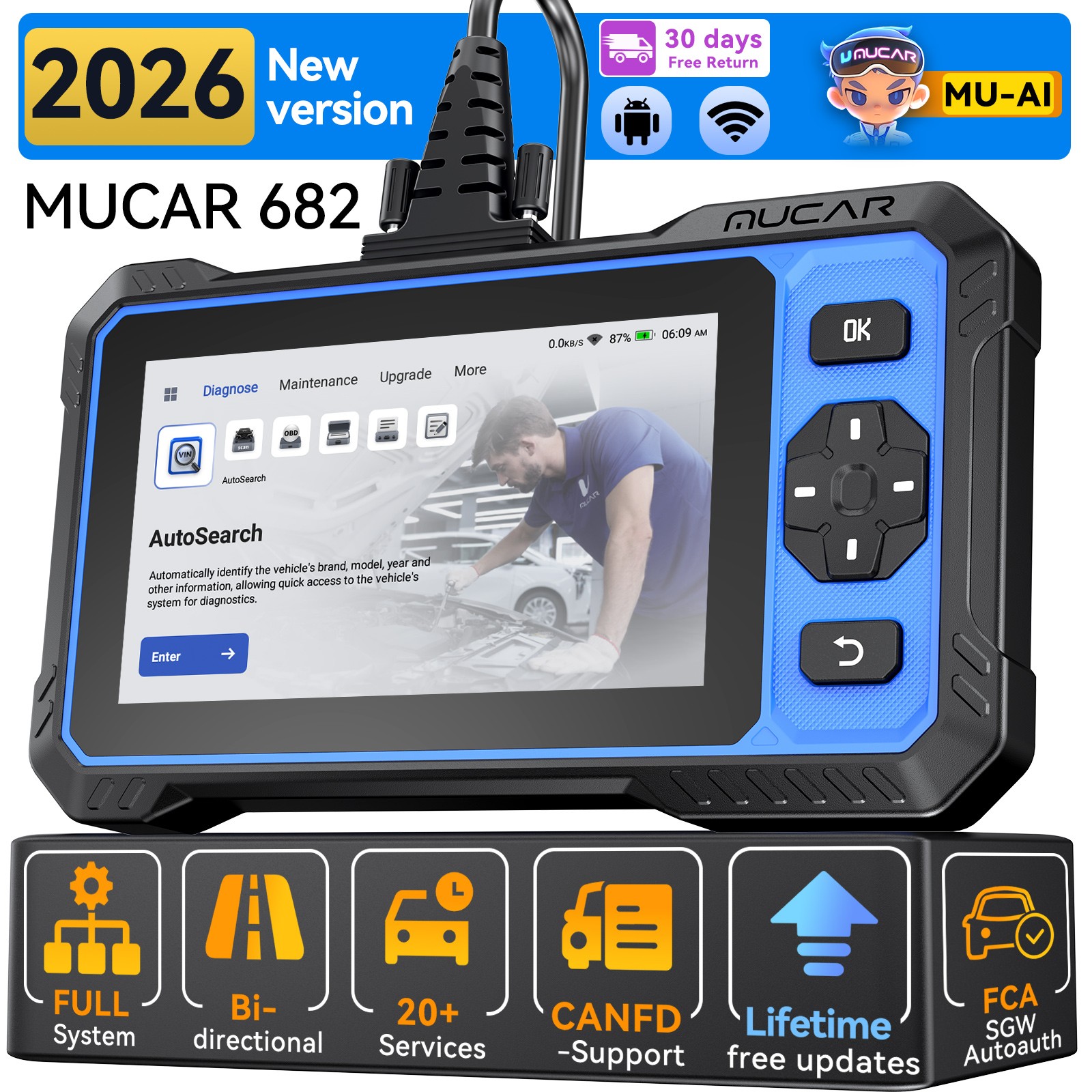 MUCAR 682 OBD2 Diagnostic Scanner Tool Bidirectional All System 20 Reset US 2026