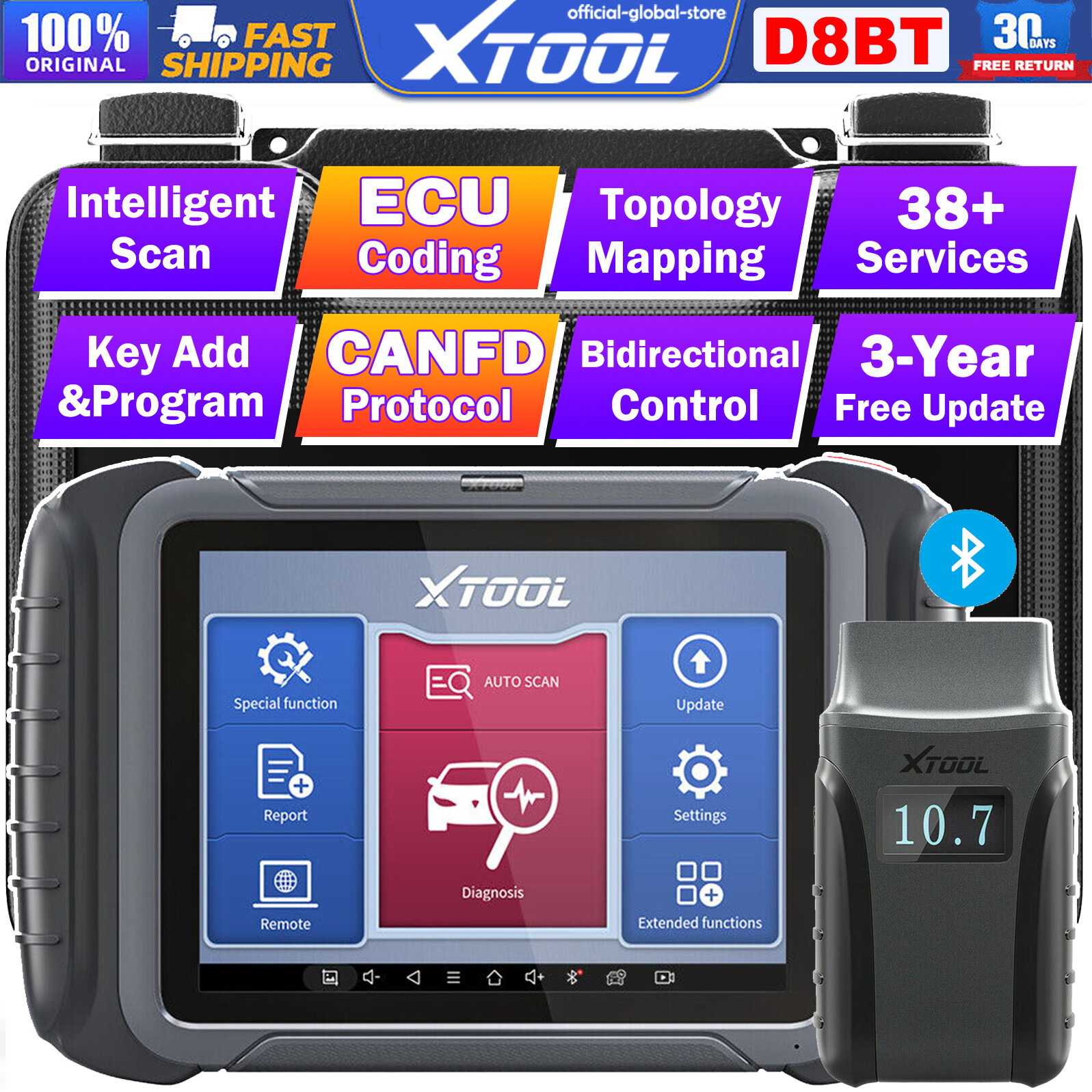 XTOOL D8BT Auto OBD2 Diagnostic Scanner Key Coding Bidirectional CANFD Topology