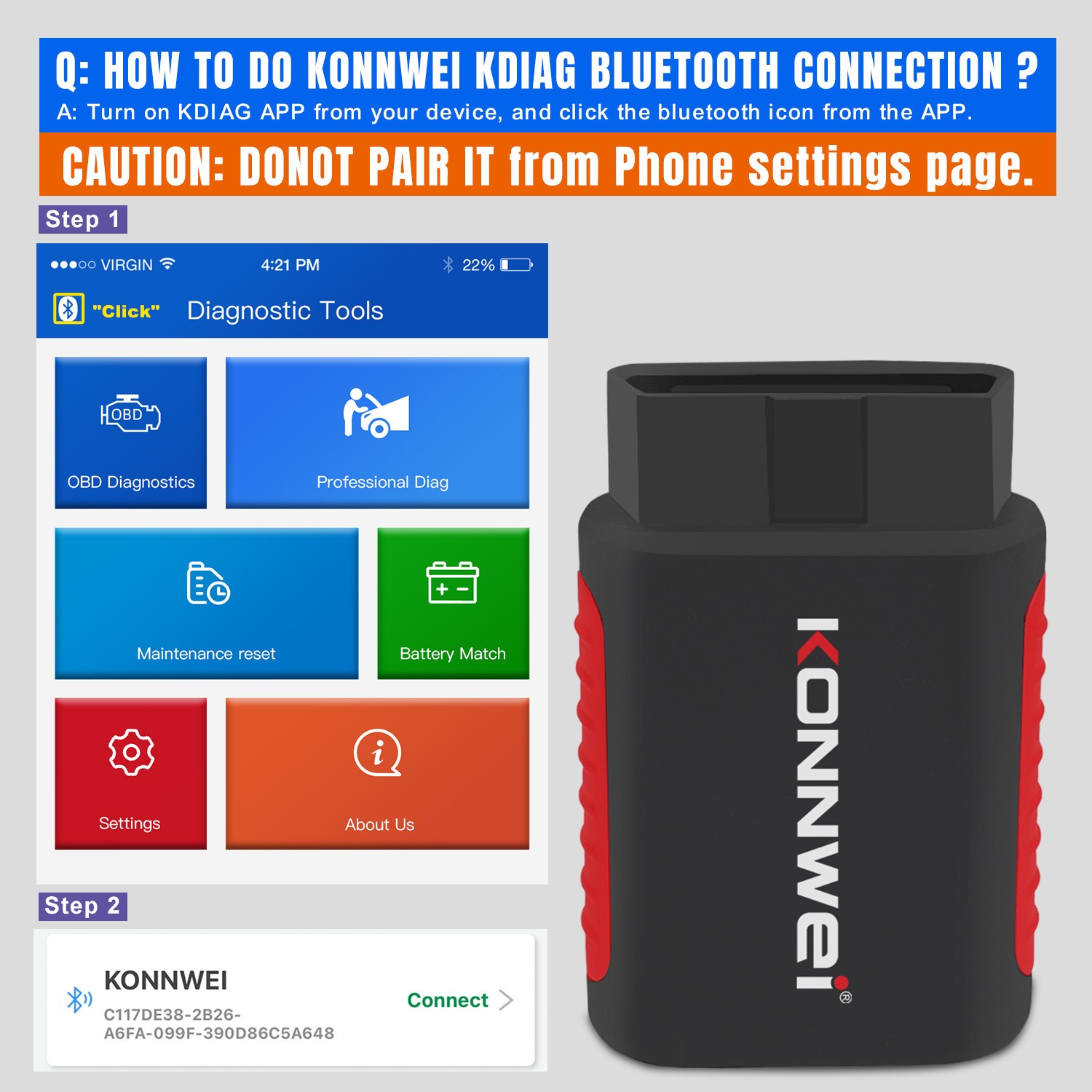 KONNWEI KDIAG Car OBD2 Reader ABS SRS Code Scanner Diagnostic Tool for 12V Car