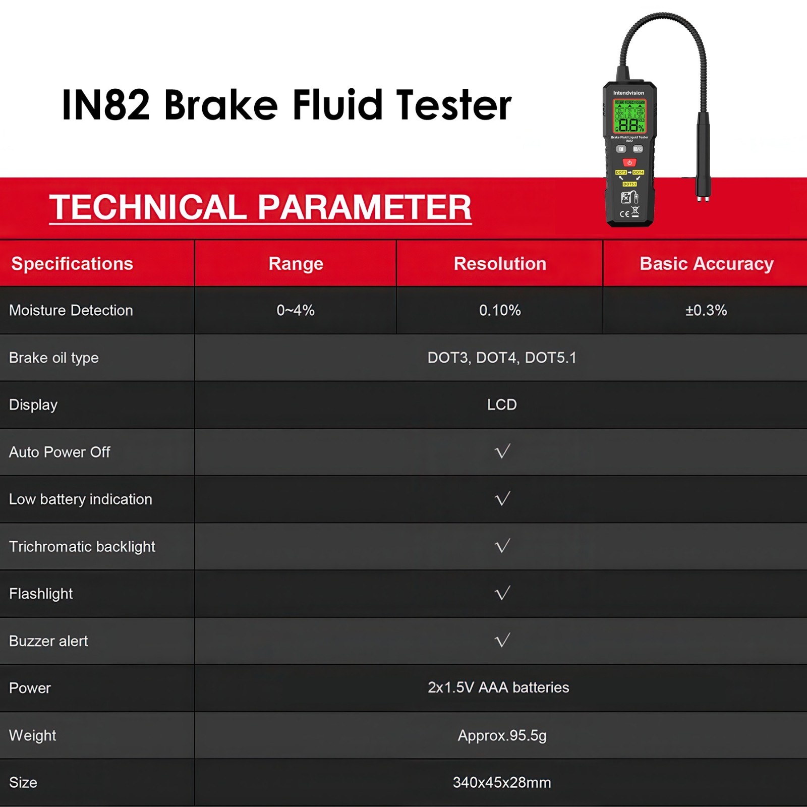 Brake Fluid Tester, Automotive Brake Fluid Moisture Tester with 8.5-Inch Probe