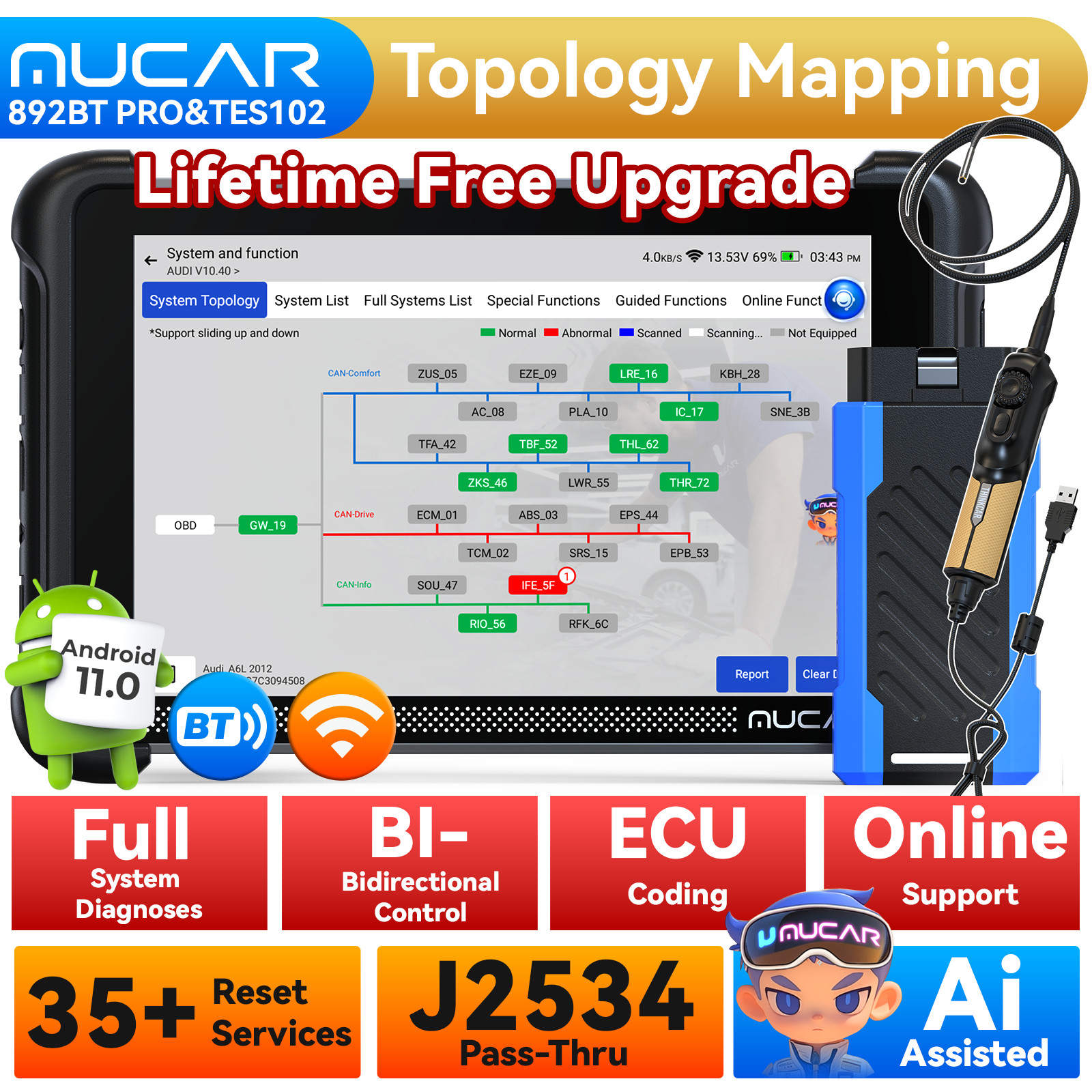 MUCAR 892BT PRO Topology OBD2 Scanner Diagnostic All System 35+Reset & Endoscope