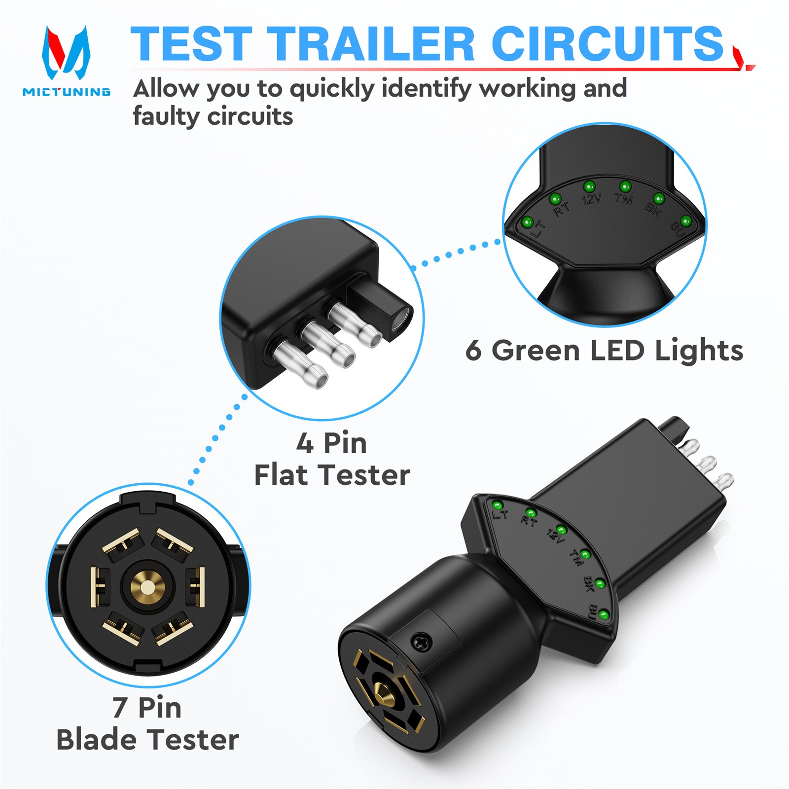 12V 7Way RV Blade to 4 Pin Plug 6 Function Led Light Tester for RV Truck Trailer