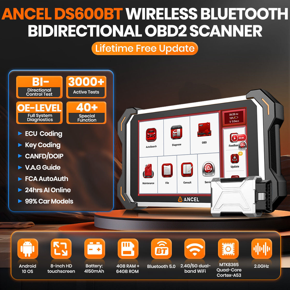 ANCEL DS600 BT Professional OBD2 Scanner Automotive Diagnostic Tool 34+ Reset