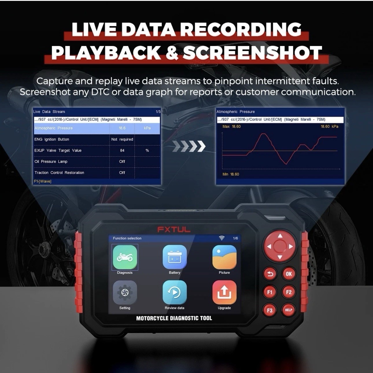 FXTUL M7 Motorcycle Code Reader & Diagnostic tool Obd Scanner Covers 70+ Brands