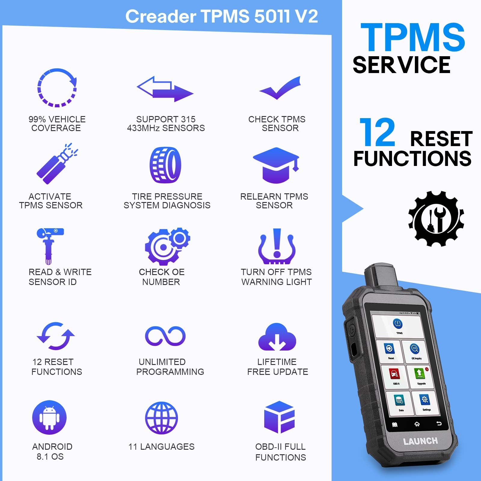 LAUNCH Creader TPMS 5011 V2 TPMS Activation Tool & 4x TSENSOR-05S RF TPMS Sensor