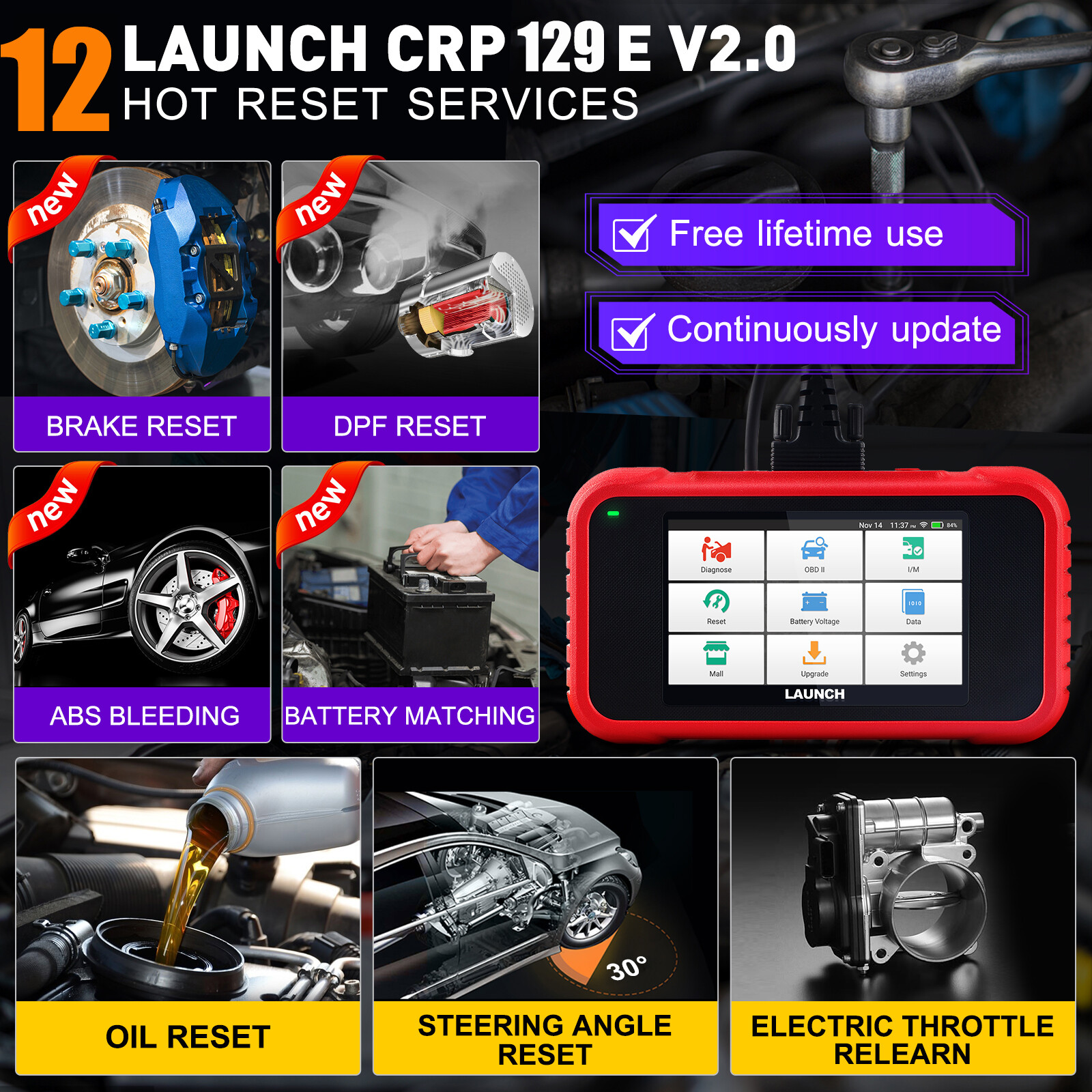 LAUNCH CRP129E V2.0 OBD2 Scanner Engine ABS SRS Code Reader Car Diagnostic Tool