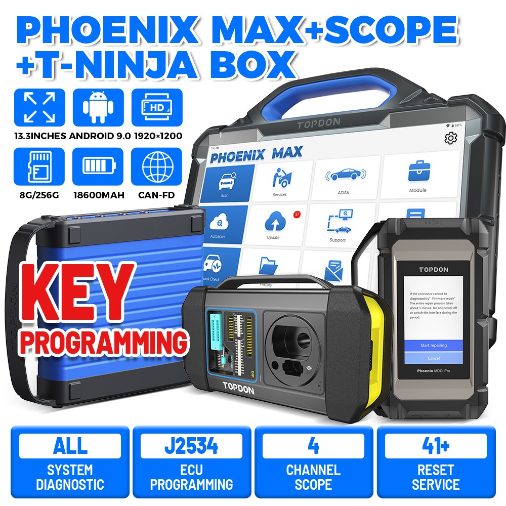 TOPDON Phoenix Max + Scope + T-Ninja Box J2534 OBD2 Scanner Key ECU Programming