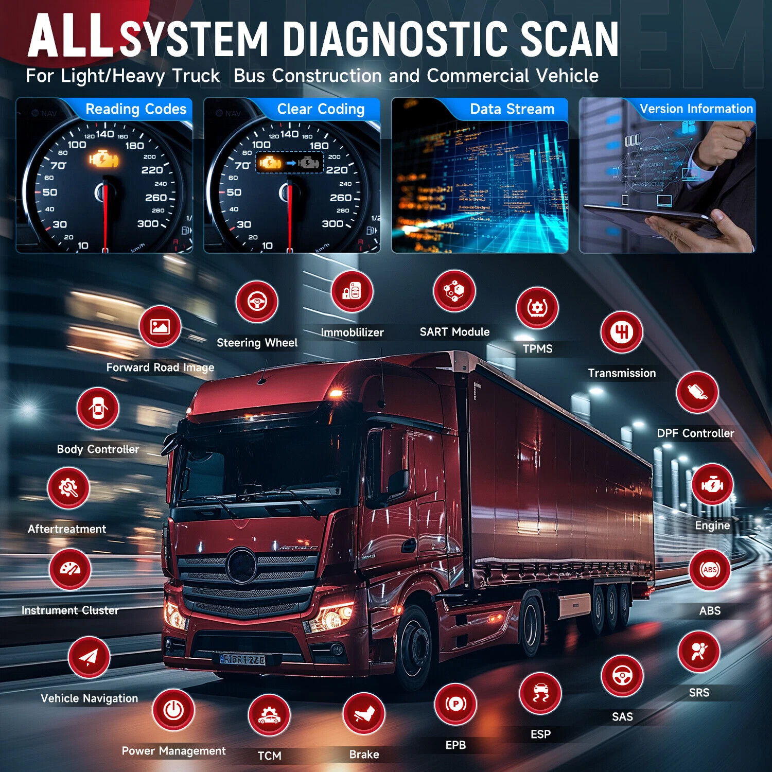 Diesel OBD Scan Tool 24V HGV Truck Full Systems Diagnostic Scanner Injector DPF