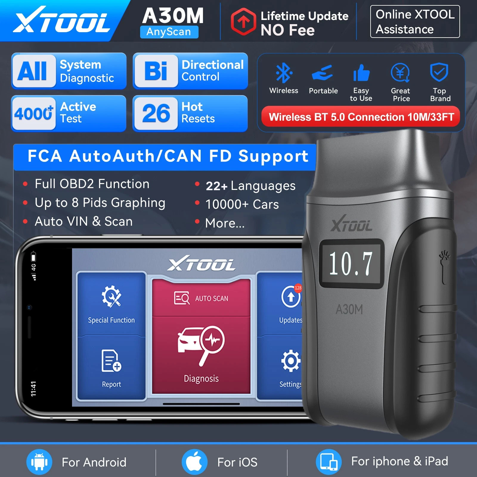 XTOOL A30M V2.0 Bidirectional OBD2 Scanner Diagnostic Tool 26 Reset Free Upgrade