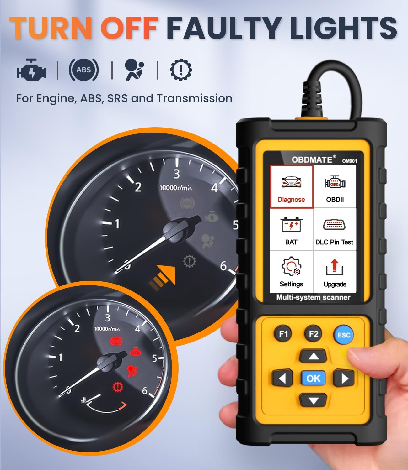 OBD2 Scanner ABS SRS Transmission Check Engine Code Reader OBDMATE OM901 Reset