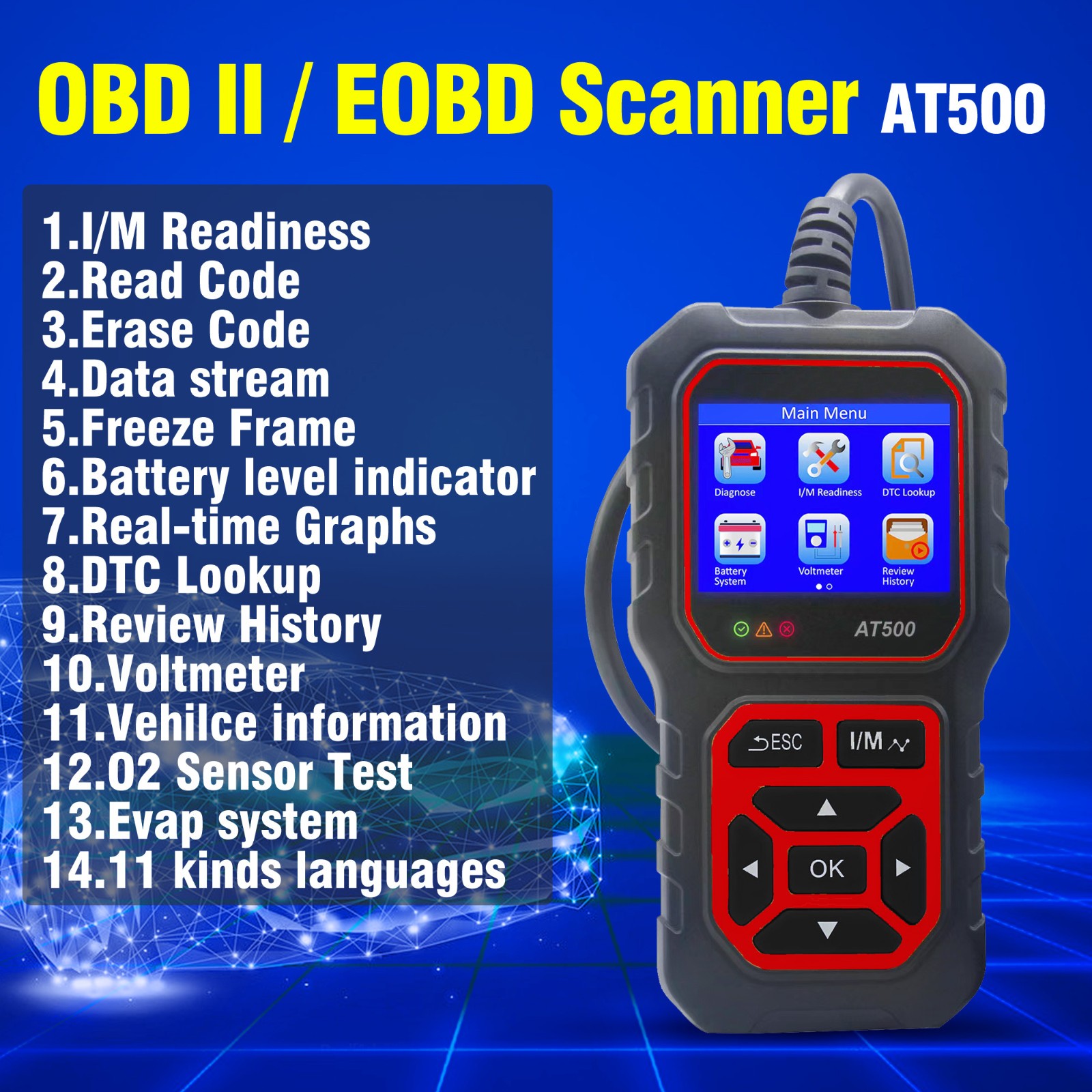 iKiKin AT500 Professional OBDII Scanner Car OBD2 EOBD CAN Code Reader Tool