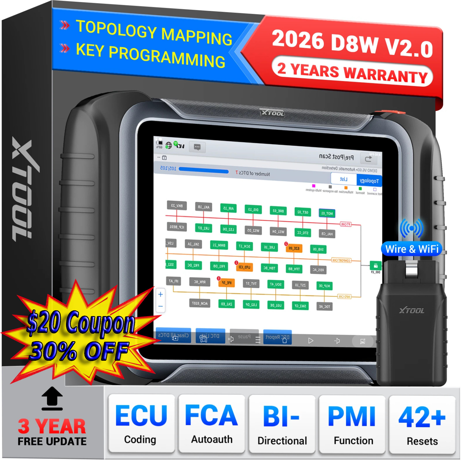 XTOOL D8W Bidirectional All System OBD2 Diagnostic Scanner ECU Coding Topology