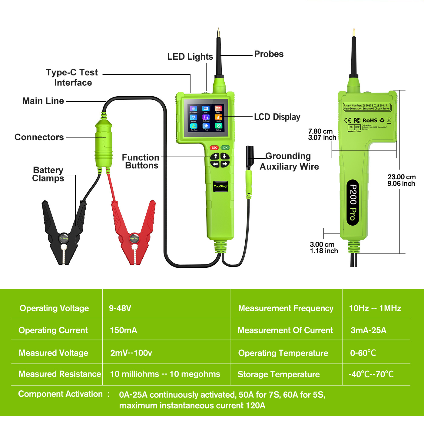 TopDiag P200 Pro Car Circuit Tester Power Probe Relay Fuel Injector Tester