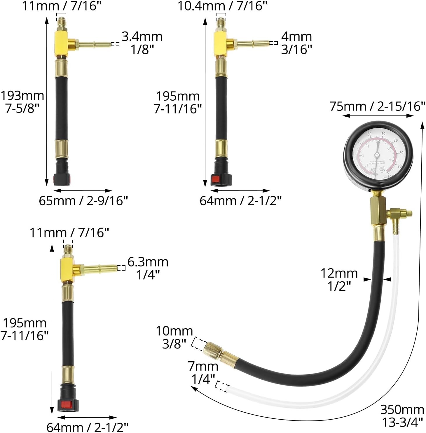Brass-Fit Fuel Pressure Kit for Engines: 0-7 Bar / 0-100 PSI with Adapters