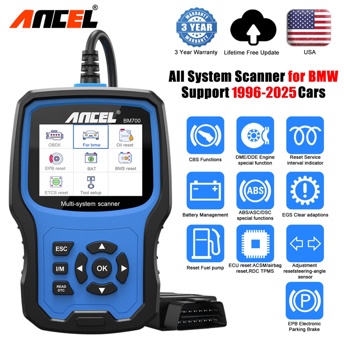 ANCEL BM700 Battery Registration Tool Fit for BMW Diagnostic Injector Coding OBD