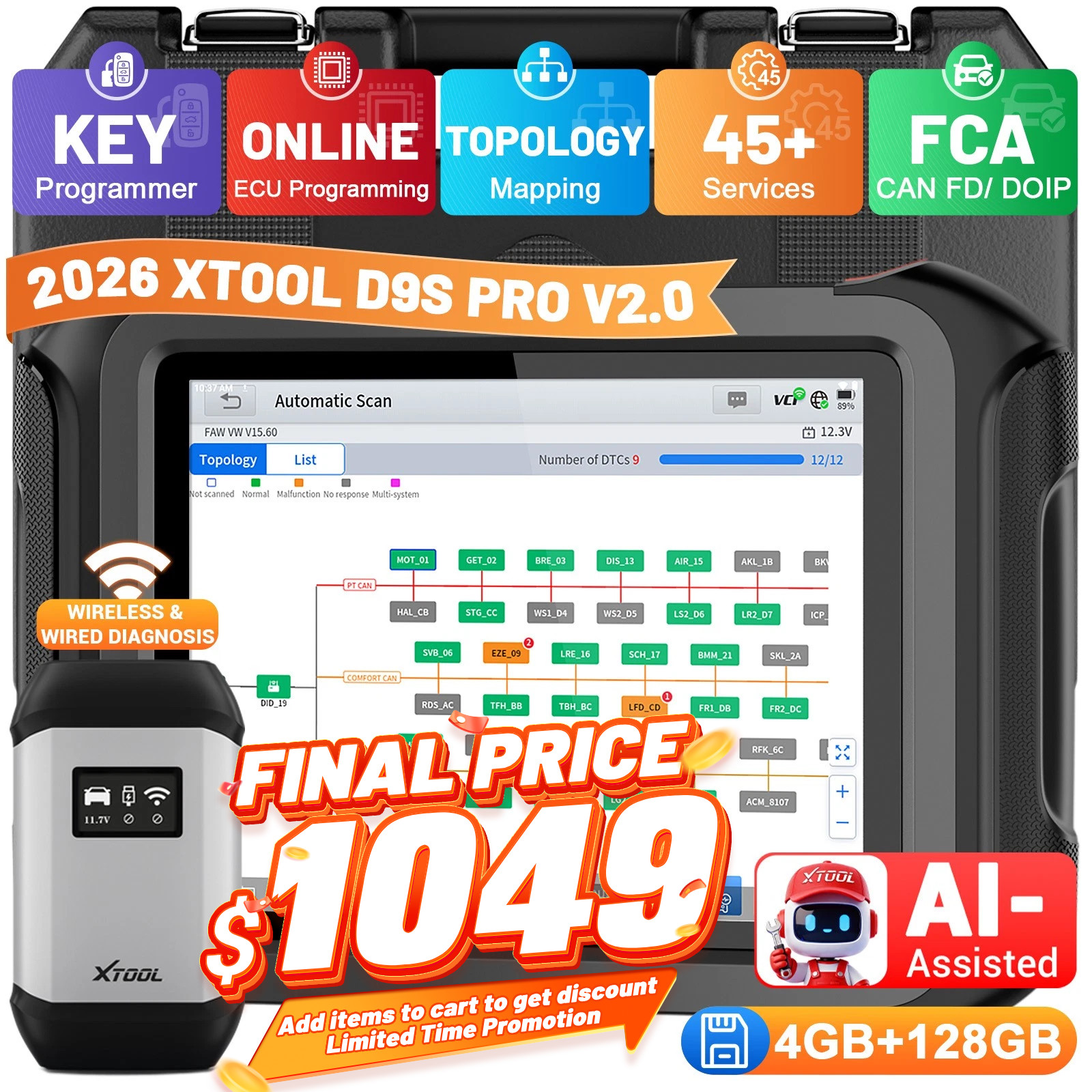 2026 XTOOL D9S PRO V2.0 ECU Programming Topology Mapping OBD2 Diagnostic Scanner